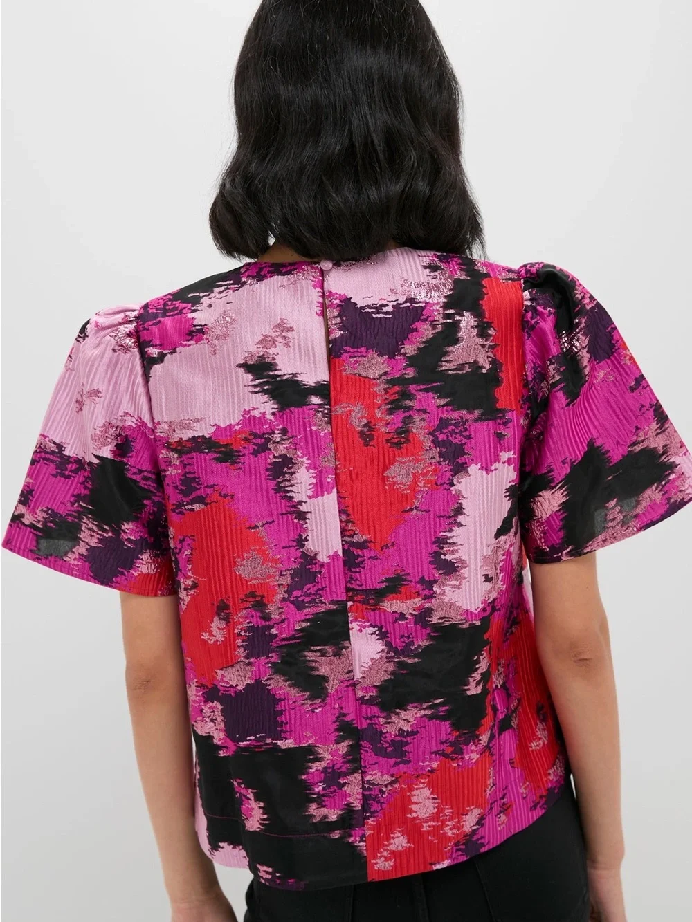 Tuckernuck Pomander Place Lyla Jacquard Puff Sleeve Blouse Pink Red Lurex S